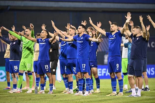Croatia, Zagreb, 200824. Maksimir Stadium. The first match of the Champions League playoffs, Dinamo - Qarabag. In the photo: Marko Pjaca, Sandro Kulenovic, Bruno Petkovic. Photo: Goran Mehkek CROPIX Hrvatska Copyright: xxGoranxMehkekx dinamo_qarabag148-200824