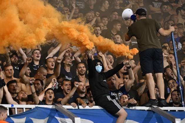 Croatia, Zagreb, 200824. Maksimir Stadium. The first match of the Champions League playoffs, Dinamo - Qarabag. In the photo: fans BBB. Photo: Goran Mehkek CROPIX Hrvatska Copyright: xxGoranxMehkekx dinamo_qarabag93-200824