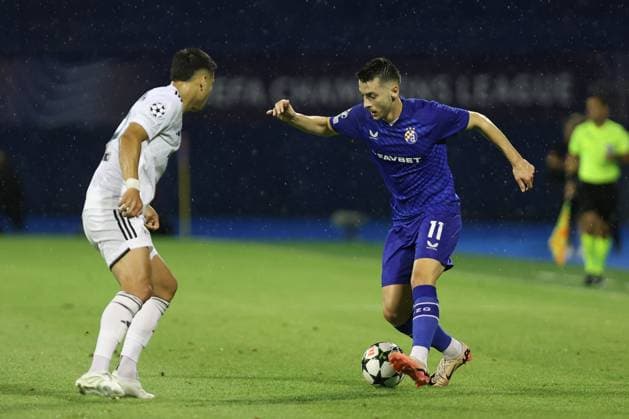 Zagreb, 20.08.2024. - Stadion Maksimir, UEFA CHAMPIONS LEAGUE - 2024 25 Play-offs 1st leg - GNK Dinamo (blue) - QarabaÄü FK (white) 3:0 ArbÃ«r Hoxha (11) vs Matheus Silva (2) 