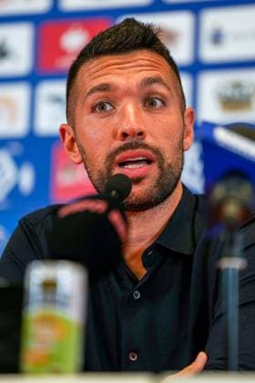 BIALYSTOK, 21-08-2024, Bialystok City Stadium, football, UEFA Europa League Play Offs, season 2024 2025, During press conference, PK, Pressekonferenz of Ajax. Ajax trainer coach Francesco Farioli Press conference Ajax in Bialystok  x26082397x Copyright:
