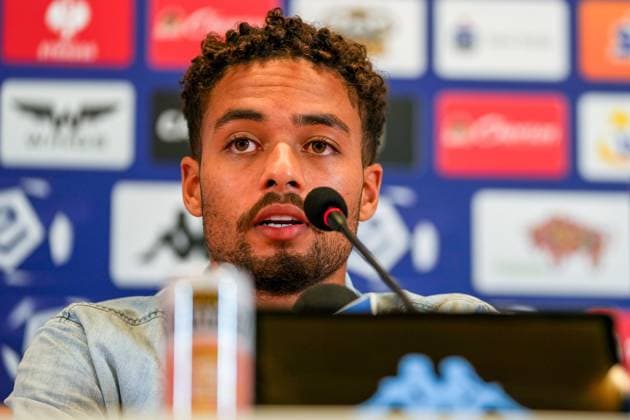 BIALYSTOK, 21-08-2024, Bialystok City Stadium, football, UEFA Europa League Play Offs, season 2024 2025, During press conference, PK, Pressekonferenz of Ajax. Ajax player Devyne Rensch Press conference Ajax in Bialystok  x26082399x Copyright: