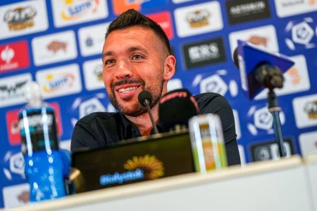 BIALYSTOK, 21-08-2024, Bialystok City Stadium, football, UEFA Europa League Play Offs, season 2024 2025, During press conference, PK, Pressekonferenz of Ajax. Ajax trainer coach Francesco Farioli Press conference Ajax in Bialystok  x26082403x Copyright: