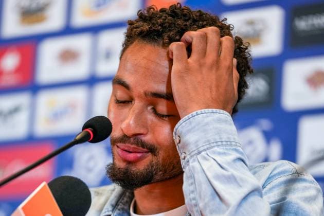 BIALYSTOK, 21-08-2024, Bialystok City Stadium, football, UEFA Europa League Play Offs, season 2024 2025, During press conference, PK, Pressekonferenz of Ajax. Ajax player Devyne Rensch Press conference Ajax in Bialystok  x26082411x Copyright: