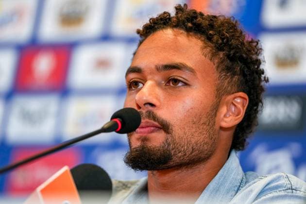 BIALYSTOK, 21-08-2024, Bialystok City Stadium, football, UEFA Europa League Play Offs, season 2024 2025, During press conference, PK, Pressekonferenz of Ajax. Ajax player Devyne Rensch Press conference Ajax in Bialystok  x26082412x Copyright: