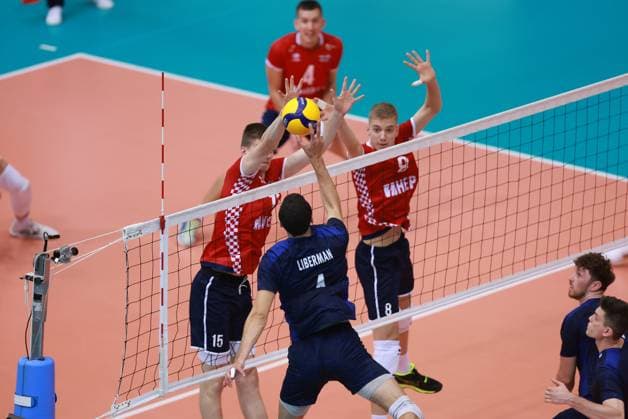 CEV EuroVolley 2026 Qualification CRO vs ISR Mayo Liberman of Israel is blocked by Tomislav Mitrasinovic and Sven Jakopec of Croatia during CEV EuroVolley 2026 Qualification Phase Pood D match between Croatia and Israel at Gradski Vrt Sports Hall in Osijek, Croatia on August 21, 2024.  DavorxJavorovic PIXSELL