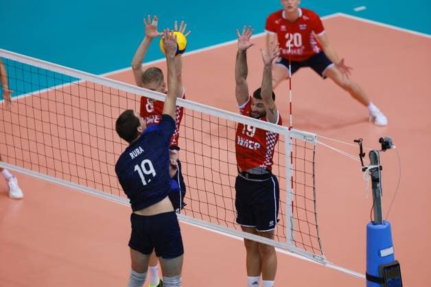 CEV EuroVolley 2026 Qualification CRO vs ISR Mark Rura of Israel in action against Sven Jakopec and Ivan Zeljkovic of Croatia during CEV EuroVolley 2026 Qualification Phase Pood D match between Croatia and Israel at Gradski Vrt Sports Hall in Osijek, Croatia on August 21, 2024.  DavorxJavorovic PIXSELL