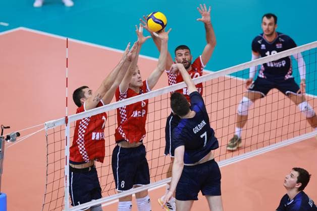 CEV EuroVolley 2026 Qualification CRO vs ISR Petar Visic, Sven Jakopec and Ivan Zeljkovic of Croatia block Iliya Goldrin of Israel during CEV EuroVolley 2026 Qualification Phase Pood D match between Croatia and Israel at Gradski Vrt Sports Hall in Osijek, Croatia on August 21, 2024.  DavorxJavorovic PIXSELL