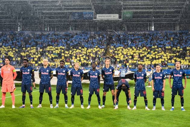 SOCCER - UEFA CL, Kyiv vs RBS LUBLIN,POLAND,21.AUG.24 - SOCCER - UEFA Champions League, qualification, FC Dynamo Kyiv vs Red Bull Salzburg. Image shows Janis Blaswich, Samson Baidoo, Kamil Piatkowski, Lucas Gourna-Douath, Mads Bidstrup, Moussa Yeo, Maurits Kjaergaard, Aleksa Terzic, Dorgeles Nene, Oscar Gloukh and Amar Dedic (RBS). GEPAxpictures xAdamxNurkiewicz