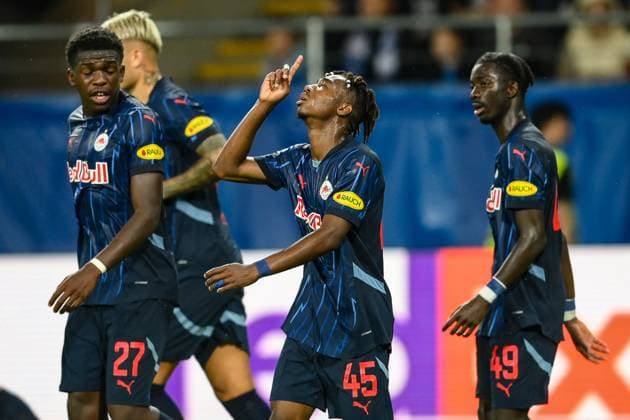 SOCCER - UEFA CL, Kyiv vs RBS LUBLIN,POLAND,21.AUG.24 - SOCCER - UEFA Champions League, qualification, FC Dynamo Kyiv vs Red Bull Salzburg. Image shows the rejoicing of Dorgeles Nene (RBS) and team RBS.  GEPAxpictures xAdamxNurkiewicz