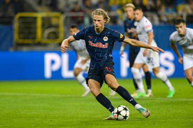 SOCCER - UEFA CL, Kyiv vs RBS LUBLIN,POLAND,21.AUG.24 - SOCCER - UEFA Champions League, qualification, FC Dynamo Kyiv vs Red Bull Salzburg. Image shows Maurits Kjaergaard (RBS). Keywords: penalty.  GEPAxpictures xAdamxNurkiewicz