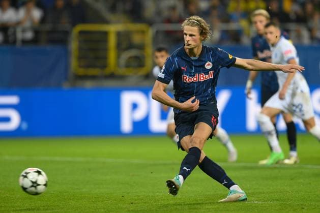 SOCCER - UEFA CL, Kyiv vs RBS LUBLIN,POLAND,21.AUG.24 - SOCCER - UEFA Champions League, qualification, FC Dynamo Kyiv vs Red Bull Salzburg. Image shows Maurits Kjaergaard (RBS). Keywords: penalty.  GEPAxpictures xAdamxNurkiewicz