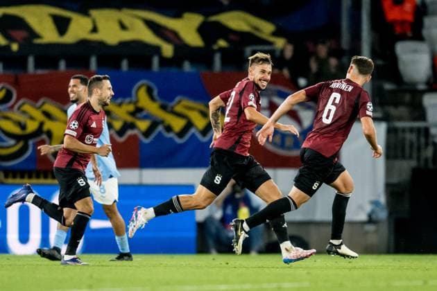 240821 Matej Rynes of Sparta Prague celebrates after scoring 0 2 during the UEFA Champions League football match between Malmö FF and Sparta Prague on August 21, 2024 in Malmö Photo Christoffer Borg Mattisson BILDBYRAN COP 261 CO0456 fotboll football soccer fotball champions league malmö ff sparta prag bbeng play off jubel  Copyright: CHRISTOFFERxBORGxMATTISSON BB240821CB055