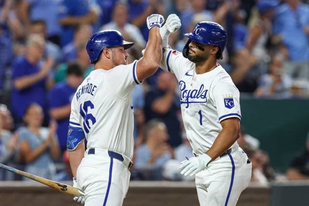August 21, 2024: Kansas City Royals designated hitter Hunter Renfroe (16) and Kansas City Royals left fielder MJ Melendez (1) celebrate MelendezÃ¢â‚¬â ¢s sixth inning home run against the Los Angeles Angels at Kauffman Stadium in Kansas City, MO. CSM Kansas City United States of America - ZUMAc04_ 20240821_zma_c04_073 Copyright: xDavidxSmithx