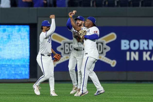 August 21, 2024: Kansas City Royals left fielder MJ Melendez (1), left,, Kansas City Royals center fielder Kyle Isbel (28), center, and Kansas City Royals outfielder Dairon Blanco (44), right, react to their 3-0 win over the Los Angeles Angels at Kauffman Stadium in Kansas City, MO. CSM Kansas City United States of America - ZUMAc04_ 20240821_zma_c04_081 Copyright: xDavidxSmithx
