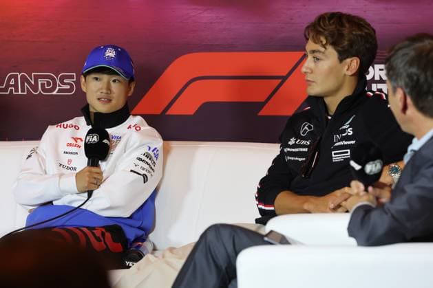 F1 Grand Prix Of The Netherlands 2024 Previews Yuki Tsunoda of RB and George Russell of Mercedes during press conference, PK, Pressekonferenz ahead of the Formula 1 Grand Prix of The Netherlands at Zandvoort Circuit in Zandvoort, Netherlands on August 22, 2024. Zandvoort Netherlands  Copyright: xJakubxPorzyckix originalFilename:porzycki-f1grandp240822_npdv5.jpg
