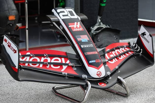 Haas F1 Team VF-24 Ferrari, Mechanical detail front wing during the Formula 1 Heineken Dutch Grand Prix 2024, 15th round of the 2024 Formula One World Championship, WM, Weltmeisterschaft from August 23 to 25, 2024 on the Circuit Zandvoort, in Zandvoort, Netherlands - F1 - DUTCH GRAND PRIX 2024 DPPI Panoramic  240822_R15_OLANDA_DP_XB3_1201