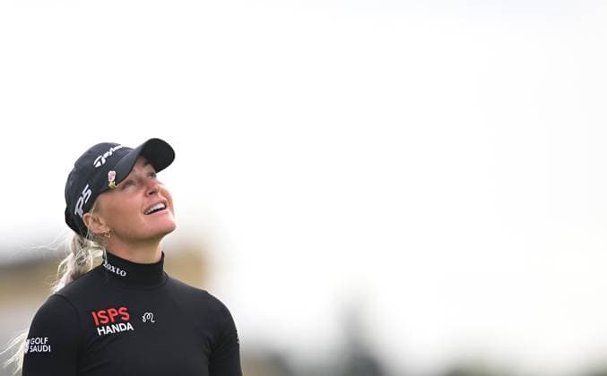 Charley Hull gets blown off her tee shot on the 5th Tee AIG Women s Open, Day Three, Golf, St. Andrews, Scotland, UK - 22 Aug 2024  Copyright: xGreigxCowie Shutterstockx 14653227cs