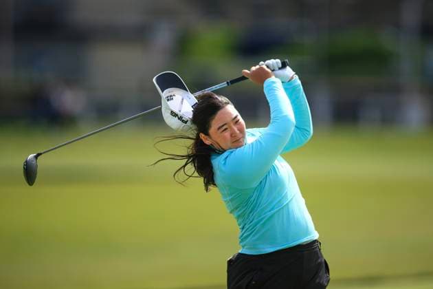 22nd August 2024; Old Course at St Andrews, St Andrews, Fife, Scotland; AIG Womens Open Golf, Round 1; Allisen Corpus of the USA loses her hat in the wind as she drives at the second hole of the Old Course, St Andrews Links during the first round of the AIG Women& x2019;s Open  ActionPlus12684089 DavidxYoung