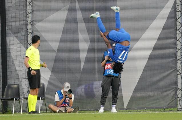 Sport Bilder des Tages 22.08.2024, Riga, Latvia. Latvia™s RFS Cedric Kouadio reacts during UEFA Europa League play offs game between RFS (Latvia) and APOEL (Cyprus). Foto: Roman Koksarov Riga Latvia Copyright: xRomÄnsxKokÅ¡arovsx soc_RFS-APOEL20240822rk367.JPG