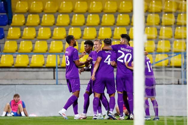 Dinamo Minsk v RSC Anderlecht - UEFA Europa League MEZOKOVESD, HUNGARY - AUGUST 22 : Augustinsson Ludwig defender of RSC Anderlecht celebrates after scoring pictured during the UEFA Europa League Play-offs1st leg match between Dinamo Minsk and RSC Anderlecht on August 22, 2024 in Mezokovesd, Hungary, 22 08 2024 Mezokovesd Hungary  Copyright: xJanxDexMeuleneirx