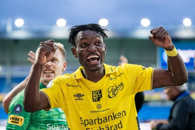 240822 Jalal Abdullai of Elfsborg celebrates after the UEFA Europa League play off match between Molde and Elfsborg on August 22, 2024 in Molde Photo Marius Simensen BILDBYRAN COP 238 bbeng elfsborg football fotball fotboll jubel molde play off uefa europa league  Copyright: MARIUSxSIMENSEN BB240822BB309