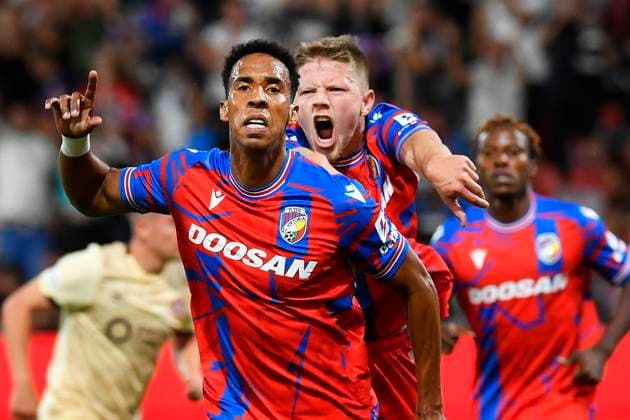 Jhon Mosquera, left, and Pavel Sulc of Plzen celebrate a goal during the football European League 4th qualifying round opening match Viktoria Plzen vs Heart of Midlothian in Pilsen, Czech Republic, August 22, 2024. (CTKxPhoto MiroslavxChaloupka) CTKPhotoP2024082207944  CTKPhotoP2024082207944