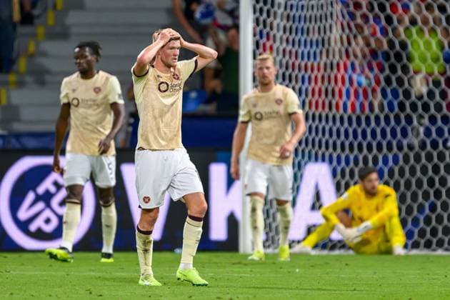 Viktoria Plzen v Heart of Midlothian Europa League 22 08 2024. Play Off Leg 1 of 2 GOAL 1-0 Blair Spittal of Hearts looks dejected after the opening goal during the UEFA Europa League play off first leg match between Viktoria Plzen and Heart of Midlothian at Doosan Arena, Plzen, Czech Republic on 22 August 2024. Plzen Doosan Arena Czech Republic Editorial use only , Copyright: xMalcolmxMackenzie HeartsxFCx PSI-20238-0027