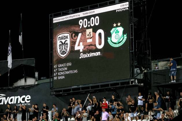 UEFA Europa League Play-off First Leg, Toumba Stadium, Thessaloniki, Greece 22 8 2024 PAOK vs Shamrock Rovers A view of the final score on the screen A view of the final score on the screen 22 8 2024  Copyright: x INPHO AleksandarxDjorovicx AS4A5380