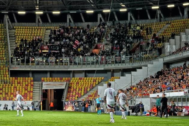 BIALYSTOK, 22-08-2024, Bialystok City Stadium, football, UEFA Europa League Play Offs, season 2024 2025, Jagiellonia Bialystok - Ajax. Away stands with Ajax fans Jagiellonia Bialystok - Ajax  x26087962x Copyright: