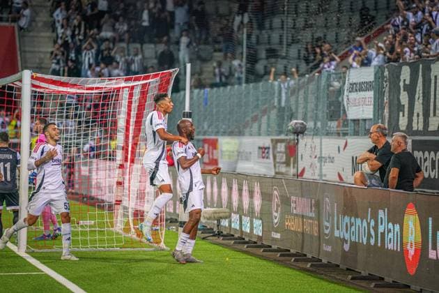 Football UEFA Europa League Qualification Play offs FC LUGANO SUI vs BESIKTAS JK Istanbul TUR , Arena Thun, Switzerland Goal and goal celebration for 1 3 by Al Musrati Besiktas 28 Copyright: xJOERANxSTEINSIEKx