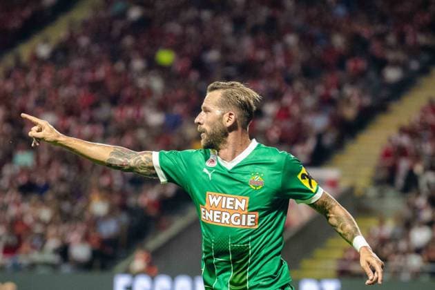 SOCCER - UEFA EL, Braga vs Rapid BRAGA,PORTUGAL,22.AUG.24 - SOCCER - UEFA Europa League, qualification, Sporting Club de Braga vs SK Rapid Wien. Image shows the rejoicing of Guido Burgstaller (Rapid).  GEPAxpictures xKevinxHackner