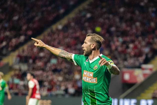 SOCCER - UEFA EL, Braga vs Rapid BRAGA,PORTUGAL,22.AUG.24 - SOCCER - UEFA Europa League, qualification, Sporting Club de Braga vs SK Rapid Wien. Image shows the rejoicing of Guido Burgstaller (Rapid).  GEPAxpictures xKevinxHackner