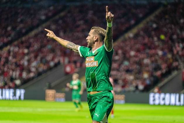 SOCCER - UEFA EL, Braga vs Rapid BRAGA,PORTUGAL,22.AUG.24 - SOCCER - UEFA Europa League, qualification, Sporting Club de Braga vs SK Rapid Wien. Image shows the rejoicing of Guido Burgstaller (Rapid).  GEPAxpictures xKevinxHackner