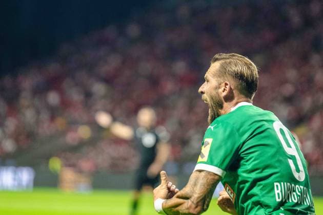 SOCCER - UEFA EL, Braga vs Rapid BRAGA,PORTUGAL,22.AUG.24 - SOCCER - UEFA Europa League, qualification, Sporting Club de Braga vs SK Rapid Wien. Image shows the rejoicing of Guido Burgstaller (Rapid).  GEPAxpictures xKevinxHackner