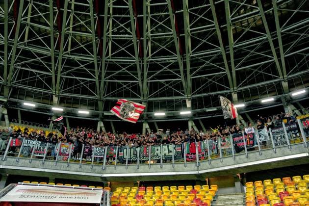 BIALYSTOK, 22-08-2024, Bialystok City Stadium, football, UEFA Europa League Play Offs, season 2024 2025, Jagiellonia Bialystok - Ajax 1-4. Ajax fans celebrate the win after the game Jagiellonia Bialystok - Ajax  x26088648x Copyright: