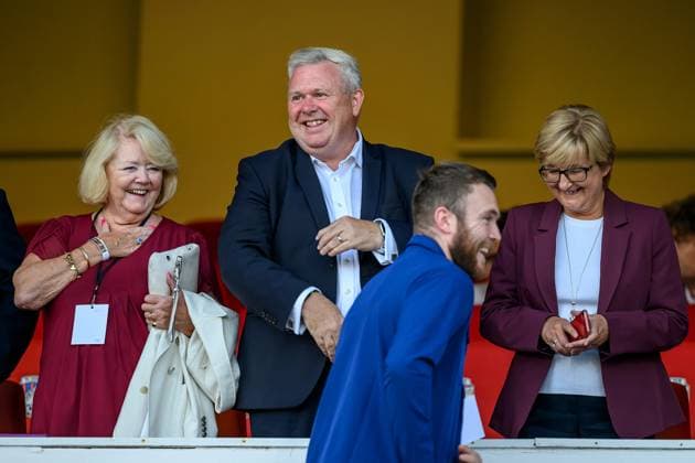 Viktoria Plzen v Heart of Midlothian Europa League 22 08 2024. Play Off Leg 1 of 2 Hearts owner Ann Budge (left) and Hearts Chief Executive Andrew McKinlay (centre) share a joke with Hearts goalkeeper Zander Clark before the UEFA Europa League play off first leg match between Viktoria Plzen and Heart of Midlothian at Doosan Arena, Plzen, Czech Republic on 22 August 2024. Plzen Doosan Arena Czech Republic Editorial use only , Copyright: xMalcolmxMackenzie HeartsxFCx PSI-20238-0086