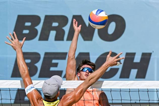 L-R Alejandro Huerta from Spain and Tadeas Trousil from Czechia in action during the Brno Beach Pro, Beach volleyball, Beachvolleyball tournament of Futures category, Spain vs Czechia, on August 23, 2024, in Brno, Czech Republic. (CTKxPhoto VaclavxSalek) CTKPhotoP2024082305366  CTKPhotoP2024082305366