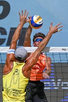 L-R Alejandro Huerta from Spain and Tadeas Trousil from Czechia in action during the Brno Beach Pro, Beach volleyball, Beachvolleyball tournament of Futures category, Spain vs Czechia, on August 23, 2024, in Brno, Czech Republic. (CTKxPhoto VaclavxSalek) CTKPhotoP2024082305367  CTKPhotoP2024082305367