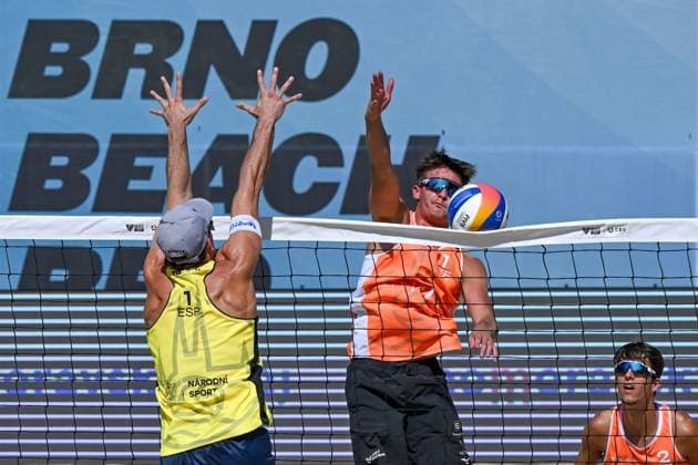 L-R Javier Huerta from Spain, Tadeas Trousil from Czechia and David Westphal from Czechia in action during the Brno Beach Pro, Beach volleyball, Beachvolleyball tournament of Futures category, Spain vs Czechia, on August 23, 2024, in Brno, Czech Republic. (CTKxPhoto VaclavxSalek) CTKPhotoP2024082305369  CTKPhotoP2024082305369