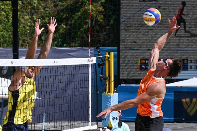 L-R Javier Huerta from Spain and Tadeas Trousil from Czechia in action during the Brno Beach Pro, Beach volleyball, Beachvolleyball tournament of Futures category, Spain vs Czechia, on August 23, 2024, in Brno, Czech Republic. (CTKxPhoto VaclavxSalek) CTKPhotoP2024082305370  CTKPhotoP2024082305370