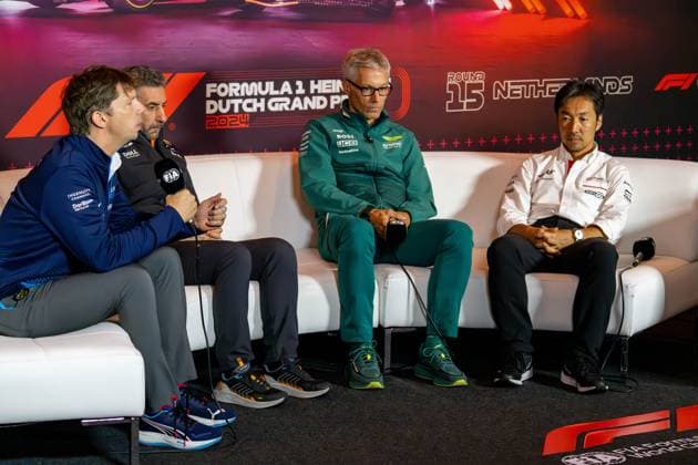 Formula 1 GP Zandvoort Holland Friday, 23 08 2024 James Volwes, Team Principal Williams Racing and Andrea Stella, McLaren Formula 1 Team and Mike Krack, Team Principal Aston Martin Aramco F1 Team and Ayao Komatsu, Team Principal MoneyGram Haas F1 Team at the press conference Formula 1 GP Zandvoort Holland Friday, 23 08 2024 Copyright: xBEAUTIFULxSPORTS Erlhofx