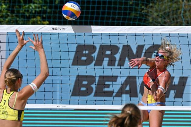 (L-R) Eva Liisa Kuivonen and Grete Jurgenson of Estonia and Marie-Sara Stochlova of Czech Republic in action during the Brno Beach Pro, Beach volleyball, Beachvolleyball tournament of Futures category, Estonia vs Czechia, on August 23, 2024, in Brno, Czech Republic. (CTKxPhoto VaclavxSalek) CTKPhotoP2024082306329  CTKPhotoP2024082306329