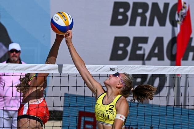 Marie-Sara Stochlova of Czech Republic, left, and Grete Jurgenson of Estonia in action during the Brno Beach Pro, Beach volleyball, Beachvolleyball tournament of Futures category, Estonia vs Czechia, on August 23, 2024, in Brno, Czech Republic. (CTKxPhoto VaclavxSalek) CTKPhotoP2024082306335  CTKPhotoP2024082306335