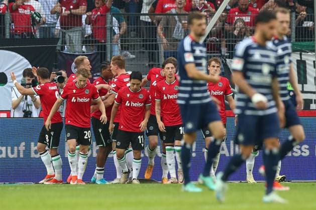 23 08 2024, xtgx, Soccer 2 Bundesliga, Hannover 96 Hamburger SV emspor, v l jubilation after the 1 0 by Jessic Ngankam Hannover, 7 DFL DFB REGULATIONS PROHIBIT ANY USE OF PHOTOGRAPHS as IMAGE SEQUENCES and or QUASI VIDEO Hannover