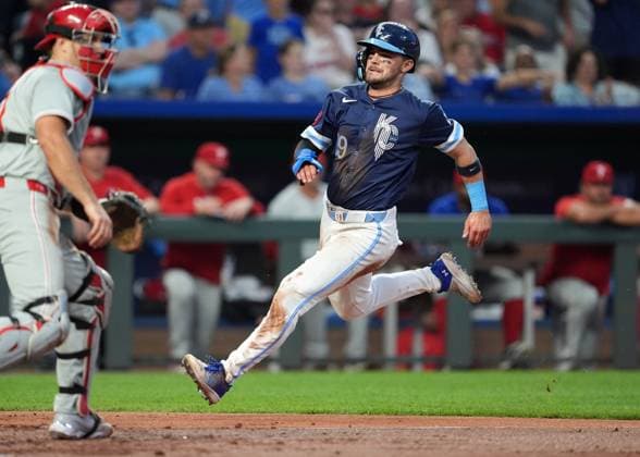 AUG 23, 2024: Kansas City Royals second base Michael Massey (19) scores in the 3rd inning at Kauffman Stadium Kansas City, Missouri. CSM. Kansas City United States - ZUMAc04_ 20240823_zma_c04_032 Copyright: xJonxRobichaudx