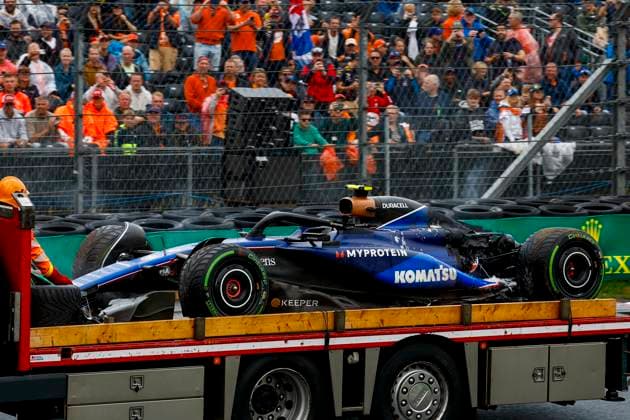 ZANDVOORT - Logan Sargeant s (Williams) car after his crash during the third free practice session prior to the F1 Dutch Grand Prix at the Zandvoort Circuit. ANP SEM VAN DER WAL xVIxANPxSportx xxANPxIVx 506611263 originalFilename: 506611263.jpg