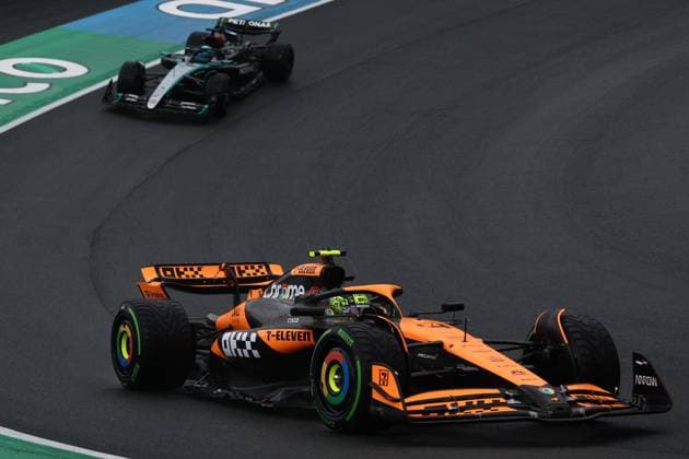 F1 Grand Prix Of The Netherlands 2024 Practice 3 Lando Norris of McLaren and George Russell of Mercedes during third practice ahead of the Formula 1 Grand Prix of The Netherlands at Circuit Zandvoort in Zandvoort, Netherlands on August 24, 2024. Zandvoort Netherlands  Copyright: xJakubxPorzyckix originalFilename:porzycki-f1grandp240824_npSjC.jpg