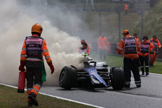 Formula 1 Heineken Dutch Grand Prix 2024 24 08 2024, Circuit Zandvoort, Zandvoort, Formula 1 Heineken Dutch Grand Prix 2024 , in the picture accident of Logan Sargeant USA , Williams Racing, the car starts to burn nordphotoxGmbHx xBratic nph00250