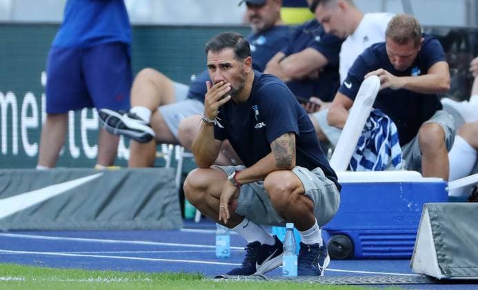Coach Cristian Fiel pensive Sport Soccer Football DFL 2 Bundesliga Men 3 Matchday Season 2024 2025 24 08 2024 Hertha BSC Berlin vs SSV Jahn Regensburg DFL regulations prohibit any use of photographs as image sequences and or quasi video