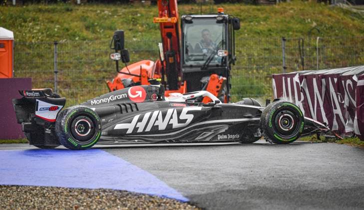 24th August 2024; Circuit Zandvoort, Zandvoort, North Holland, Netherlands; Formula 1 Heineken Dutch Grand Prix 2024; Qualifying Day; Nico Hulkenberg (GER) in the VF-23 of MoneyGram Haas crashes into the barrier after experiencing brake issues in the wet FP3 session  ActionPlus12684927 GodfreyxPitt
